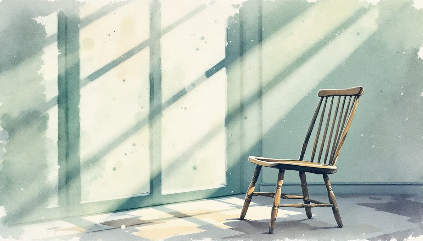 An empty wooden chair beside a sunlit window, with soft shadows on a sage wall.