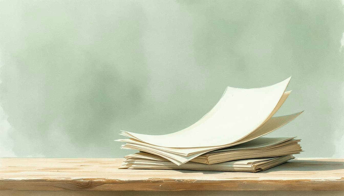 A stack of blank papers resting on a wooden table against a soft green wall.