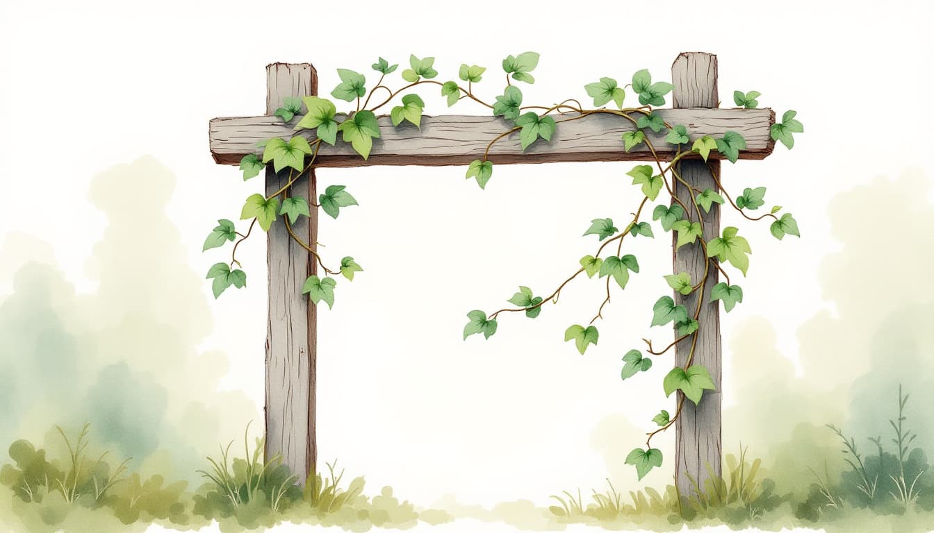 A simple wooden garden frame covered with trailing green vines.