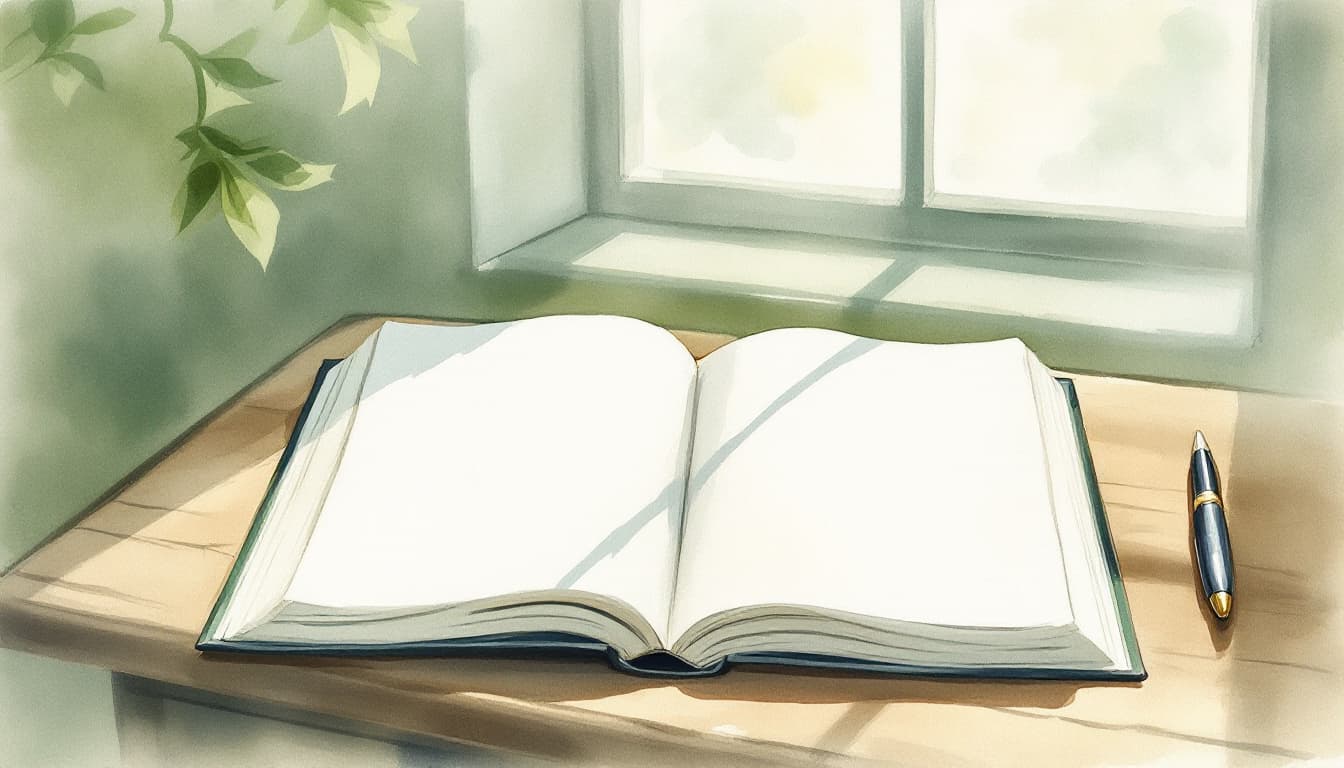 An open blank notebook and a pen on a sunlit wooden desk.